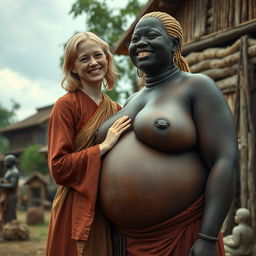 In a medieval village, a very short and undernourished blonde woman is joyfully dressed in a long, fully closed Buddhist robe, with her medium-length blonde hair parted in the middle