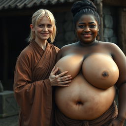 In a medieval village, a very short and undernourished happy blonde woman is dressed in a long, fully closed Buddhist robe, her medium blonde hair parted in the middle