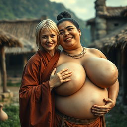 In a medieval village, a very short and undernourished happy blonde woman is dressed in a long, fully closed Buddhist robe, her medium blonde hair parted in the middle