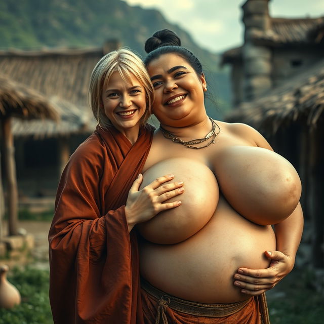 In a medieval village, a very short and undernourished happy blonde woman is dressed in a long, fully closed Buddhist robe, her medium blonde hair parted in the middle