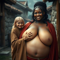 In a medieval village, a very short and undernourished happy blonde woman is dressed in a long, fully closed Buddhist robe, her medium blonde hair parted in the middle