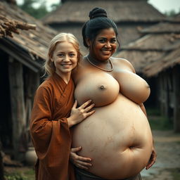 In a medieval village, a very short and undernourished happy blonde woman is dressed in a long, fully closed Buddhist robe, her medium blonde hair parted in the middle