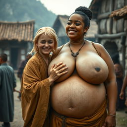 In a medieval village, a very short and undernourished happy blonde woman is dressed in a long, fully closed Buddhist robe, her medium blonde hair parted in the middle
