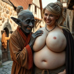 In a medieval village, an elderly black woman who is very short and undernourished has rotten teeth and elf-like ears