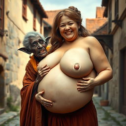 In a medieval village, an elderly black woman who is very short and undernourished has rotten teeth and elf-like ears