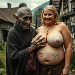In a medieval village, a very short and emaciated elderly black woman with rotten teeth, pointed ears, and a witch-like nose is dressed in a long, fully closed Buddhist cloak