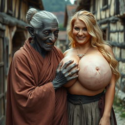 In a medieval village, an elderly black woman, notably short and emaciated with rotten teeth, pointed ears, and a witch-like nose, is dressed in a long, fully closed Buddhist cloak