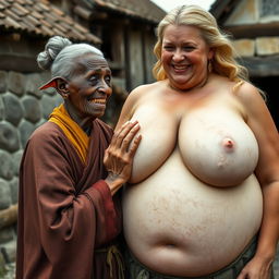 In a medieval village setting, there is a short, elderly African woman, malnourished with crooked teeth and pointed ears, clad in a long, fully closed Buddhist robe