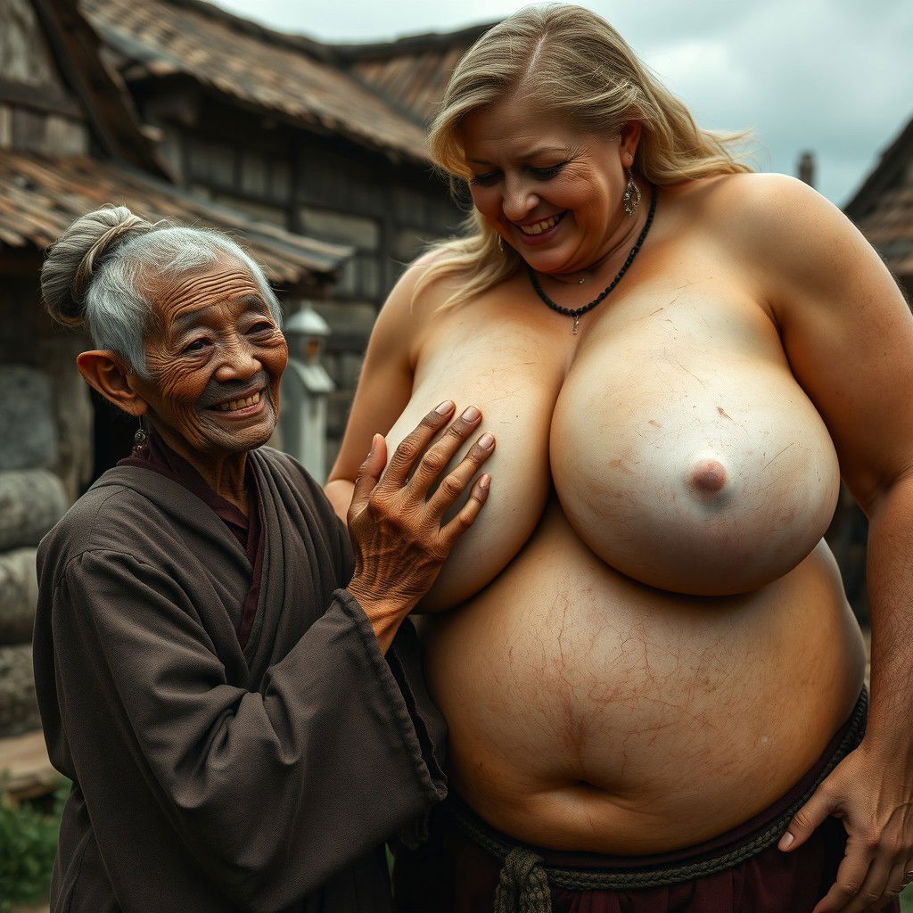 In a medieval village, there is a short, elderly African woman who appears malnourished, featuring crooked teeth and pointed ears, dressed in a long, fully closed Buddhist robe