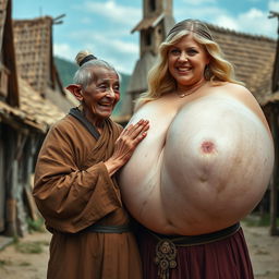 In a medieval village, there is a short, elderly African woman who appears malnourished, featuring crooked teeth and pointed ears, dressed in a long, fully closed Buddhist robe