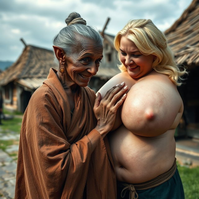 In a medieval village, there is a short, elderly African woman who appears malnourished, featuring crooked teeth and pointed ears, dressed in a long, fully closed Buddhist robe