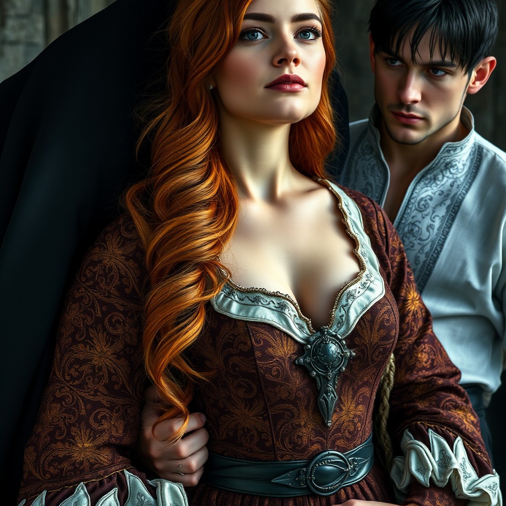 A high fantasy cinematic painting showcasing a close-up portrait from the chest up of a woman adorned in a luxurious 15th-century gown, featuring intricate designs and rich textures
