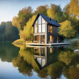 A serene house situated by a peaceful lake, with reflections of the house on the crystal-clear water.