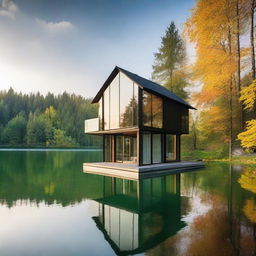 A serene house situated by a peaceful lake, with reflections of the house on the crystal-clear water.