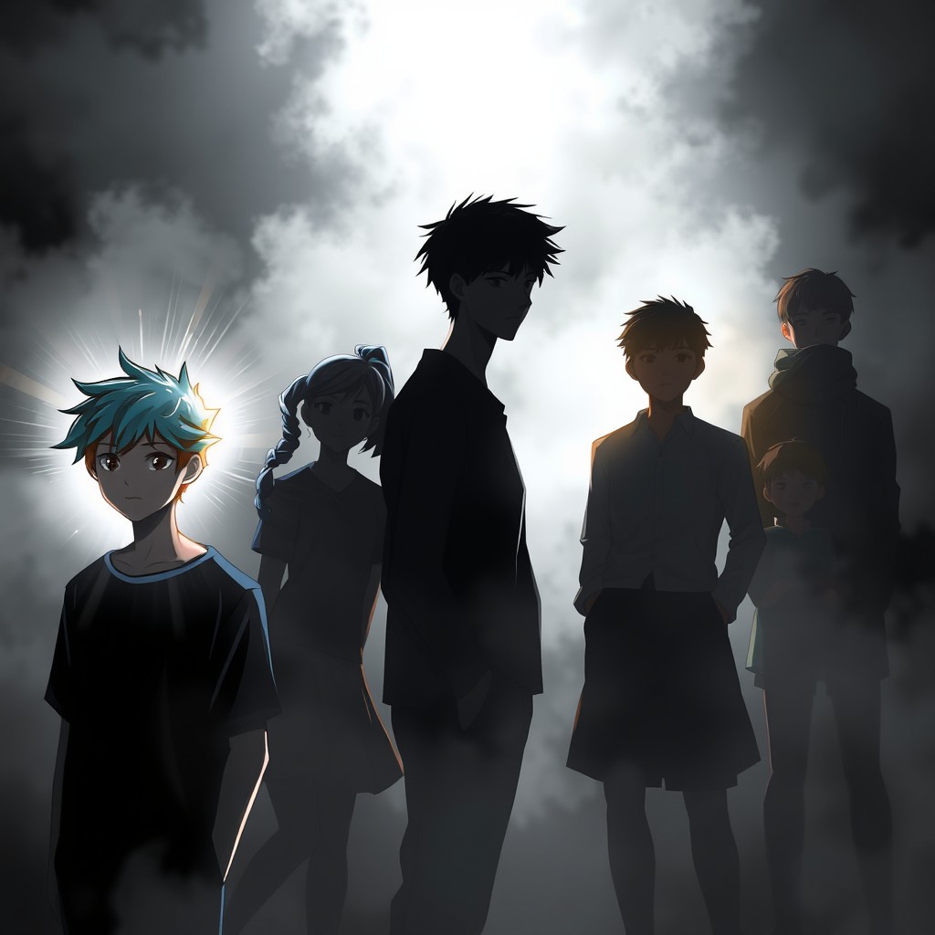 A mysterious ambiance filled with shadows and silhouettes, featuring ten young adults around the age of 18