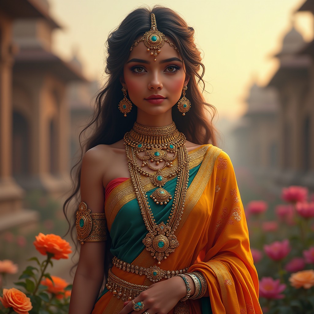 A majestic Indian goddess adorned in heavy, intricately designed jewellery, including ornate necklaces, bangles, rings, and ear ornaments