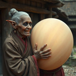 In a medieval village, an elderly black woman, notably short and emaciated with rotten teeth and elfin ears, is dressed in a long, fully closed Buddhist robe