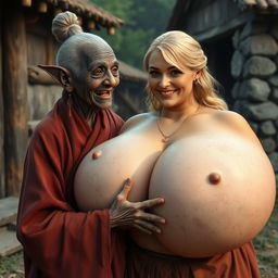 In a medieval village, an elderly black woman, notably short and emaciated with rotten teeth and elfin ears, is dressed in a long, fully closed Buddhist robe