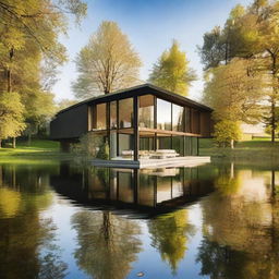 A serene house situated by a peaceful lake, with reflections of the house on the crystal-clear water.