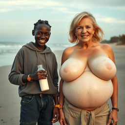 On a poor African beach, a sinister and malnourished 19-year-old African woman with very dark skin stands holding a milk bottle