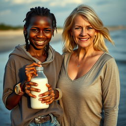 On a poor African beach, a sinister and malnourished 19-year-old African woman stands holding a milk bottle