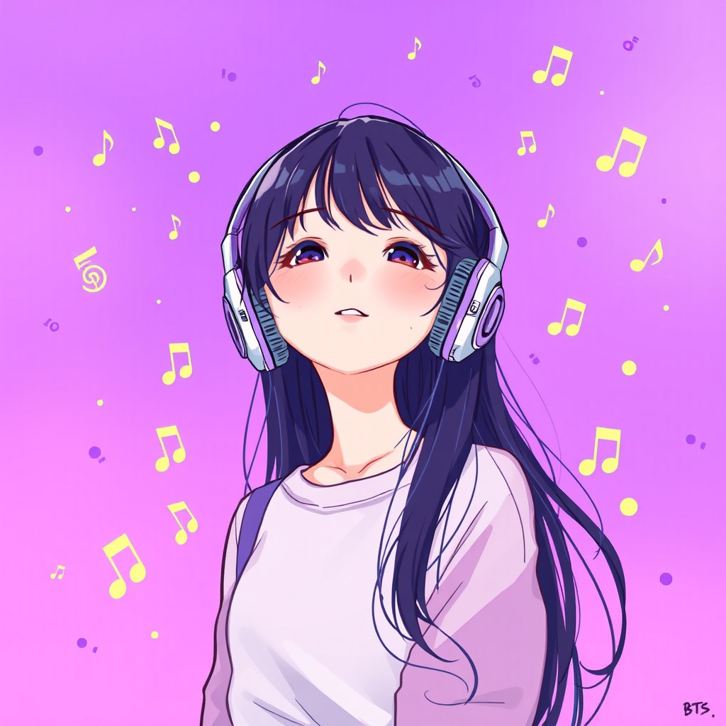 A digital art depiction of a girl listening to music, lost in her own world