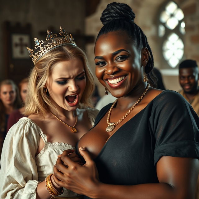 In a medieval room, a vivid and intense scene unfolds featuring a 19-year-old petite blonde woman, malnourished, gripping the astonishingly large breasts of a 35-year-old African woman