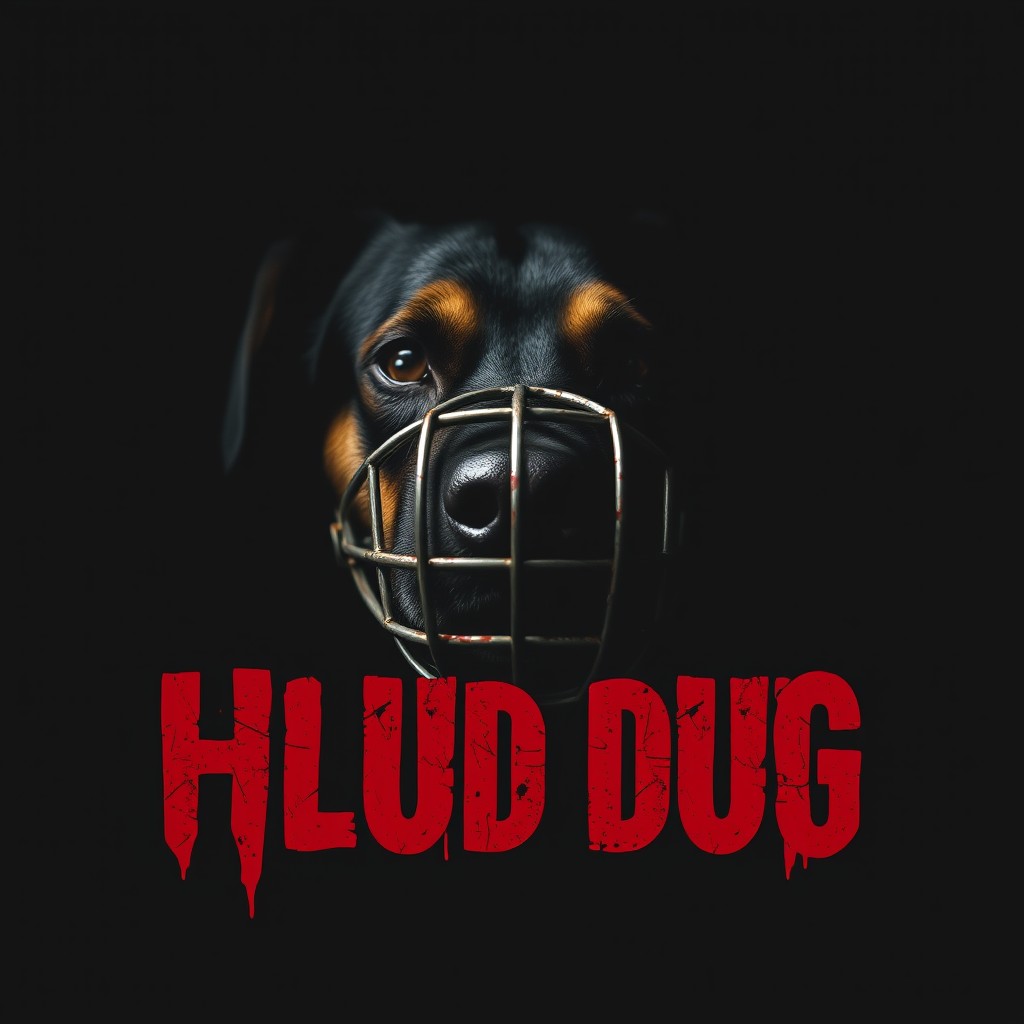 A dark, almost black background with a dog's snout wearing a metallic muzzle emerging from the shadows
