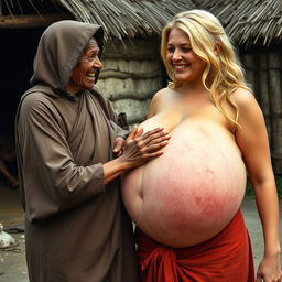 In a medieval village, there is an elderly malnourished African woman with rotten teeth, wearing a long, fully closed hooded Buddhist robe