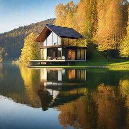 A serene house situated by a peaceful lake, with reflections of the house on the crystal-clear water.