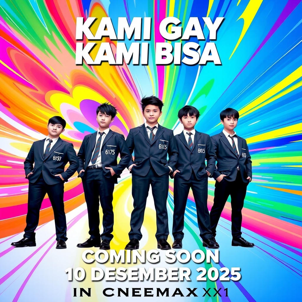 A vibrant and eye-catching movie poster featuring five high school boys in uniforms standing confidently together