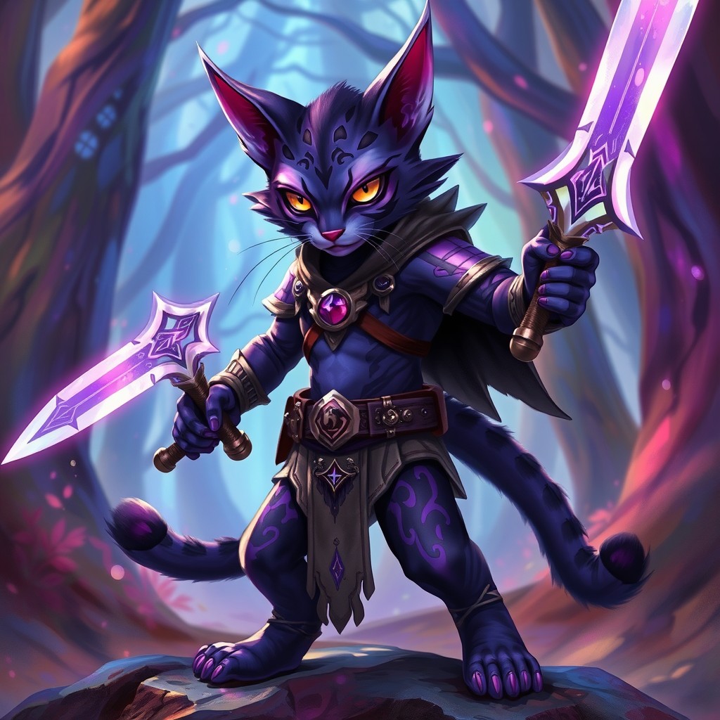 A fierce purple tabaxi warrior standing proudly, wielding two phantom blades that shimmer with an ethereal glow