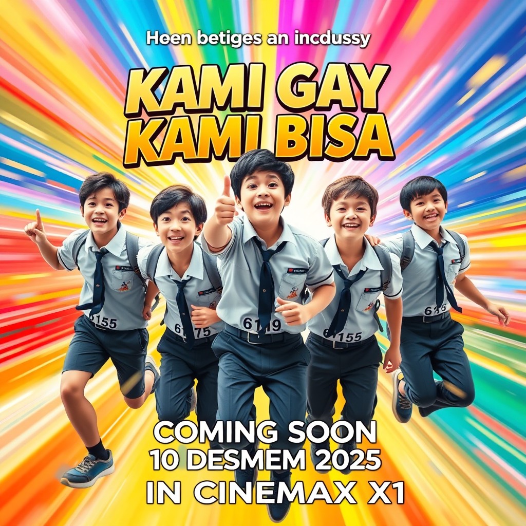 A joyful and dynamic movie poster in motion that captures a sense of excitement