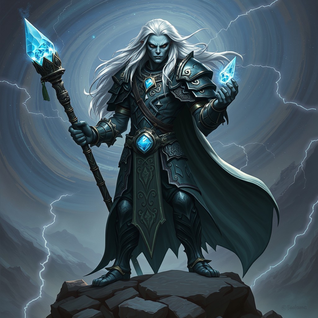 A stunning Githyanki Warlock standing dramatically on a rocky outcrop, dressed in intricate armor adorned with ethereal runes