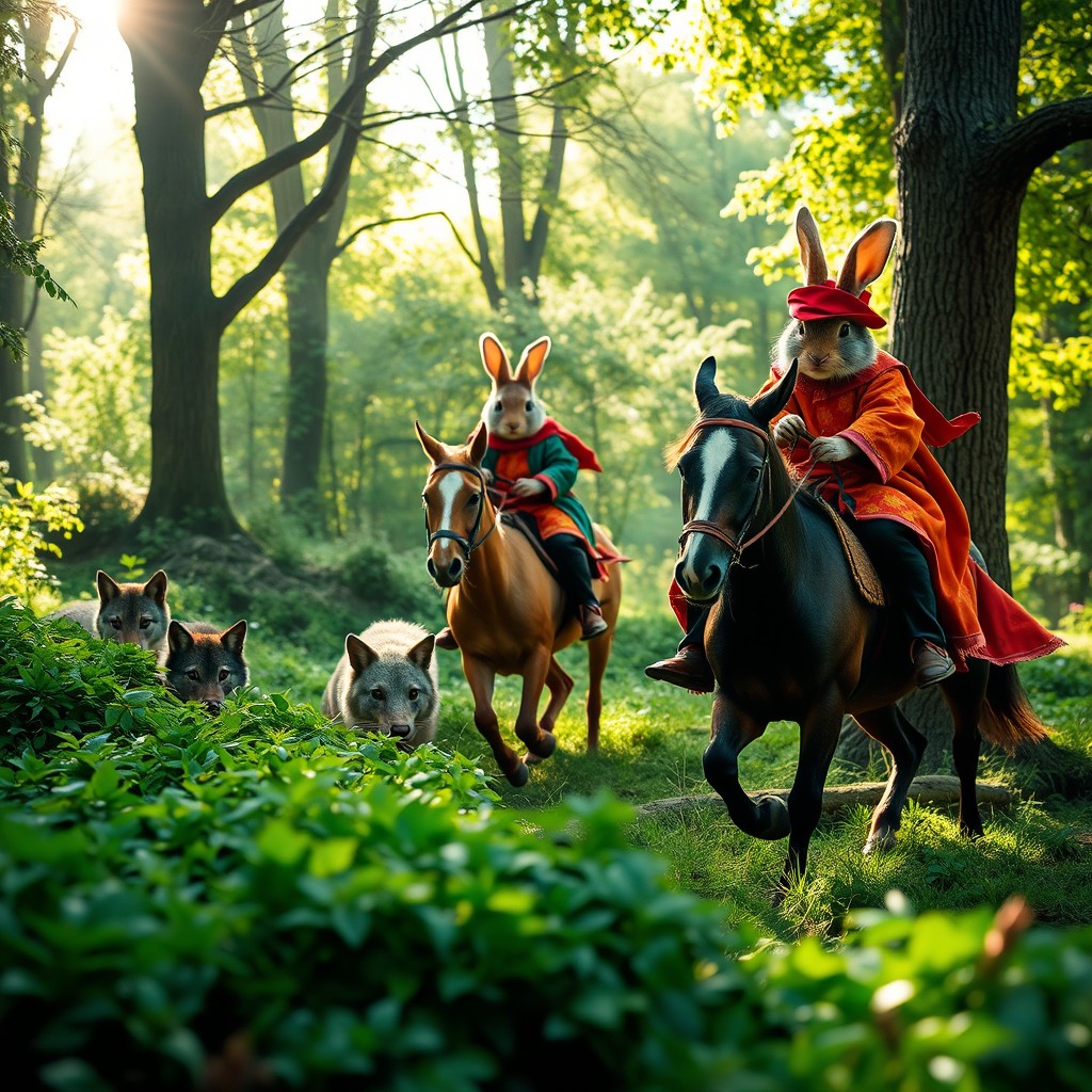 A whimsical scene depicting rabbits riding horses as they hunt wolves in a lush green forest