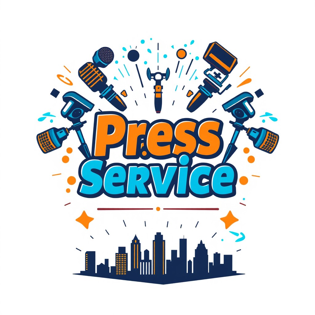 A unique t-shirt design for a press service for events, featuring bold and modern typography that reads 'Press Service' prominently, surrounded by artistic elements like microphones, cameras, and event icons