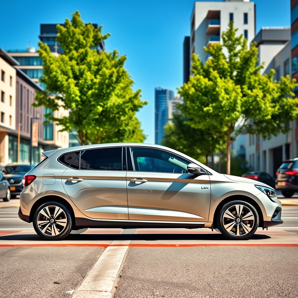 A sleek and modern 2023 Lada Granta Liftback parked on a scenic urban street, showcasing its stylish design and curves