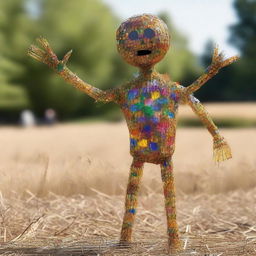 A living scarecrow with one of its arms made entirely of shimmering glass.