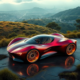 An exotic futuristic concept car showcasing a striking and unconventional design, with organic curves and vibrant colors such as deep crimson and metallic gold