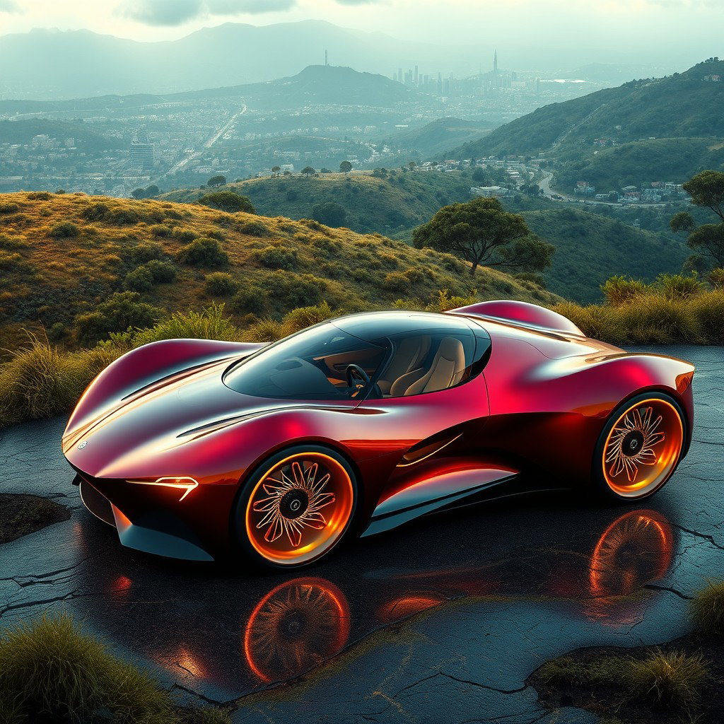 An exotic futuristic concept car showcasing a striking and unconventional design, with organic curves and vibrant colors such as deep crimson and metallic gold