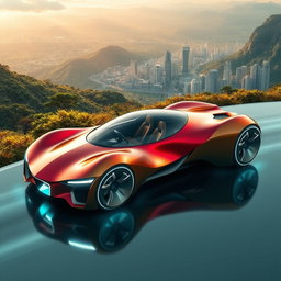 An exotic futuristic concept car showcasing a striking and unconventional design, with organic curves and vibrant colors such as deep crimson and metallic gold