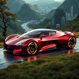 An exotic futuristic concept car showcasing a striking and unconventional design, with organic curves and vibrant colors such as deep crimson and metallic gold