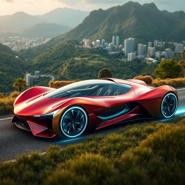 An exotic futuristic concept car showcasing a striking and unconventional design, with organic curves and vibrant colors such as deep crimson and metallic gold