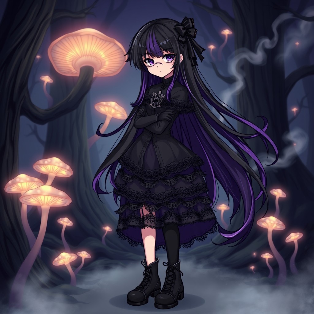 A captivating anime-style illustration of a goth girl, featuring long flowing black hair with purple highlights
