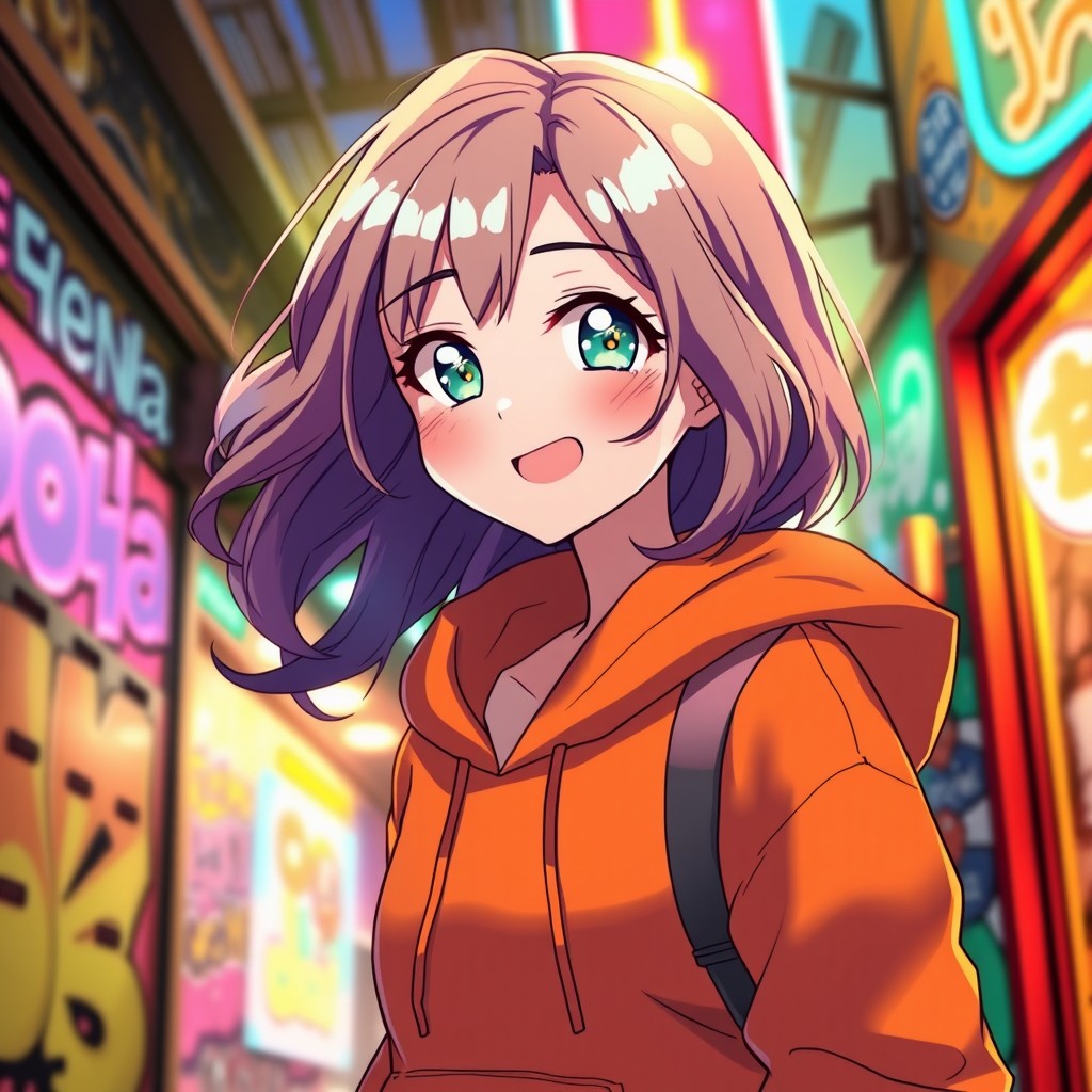 A stylish anime girl wearing an orange hoodie, with a playful smile and bright sparkling eyes