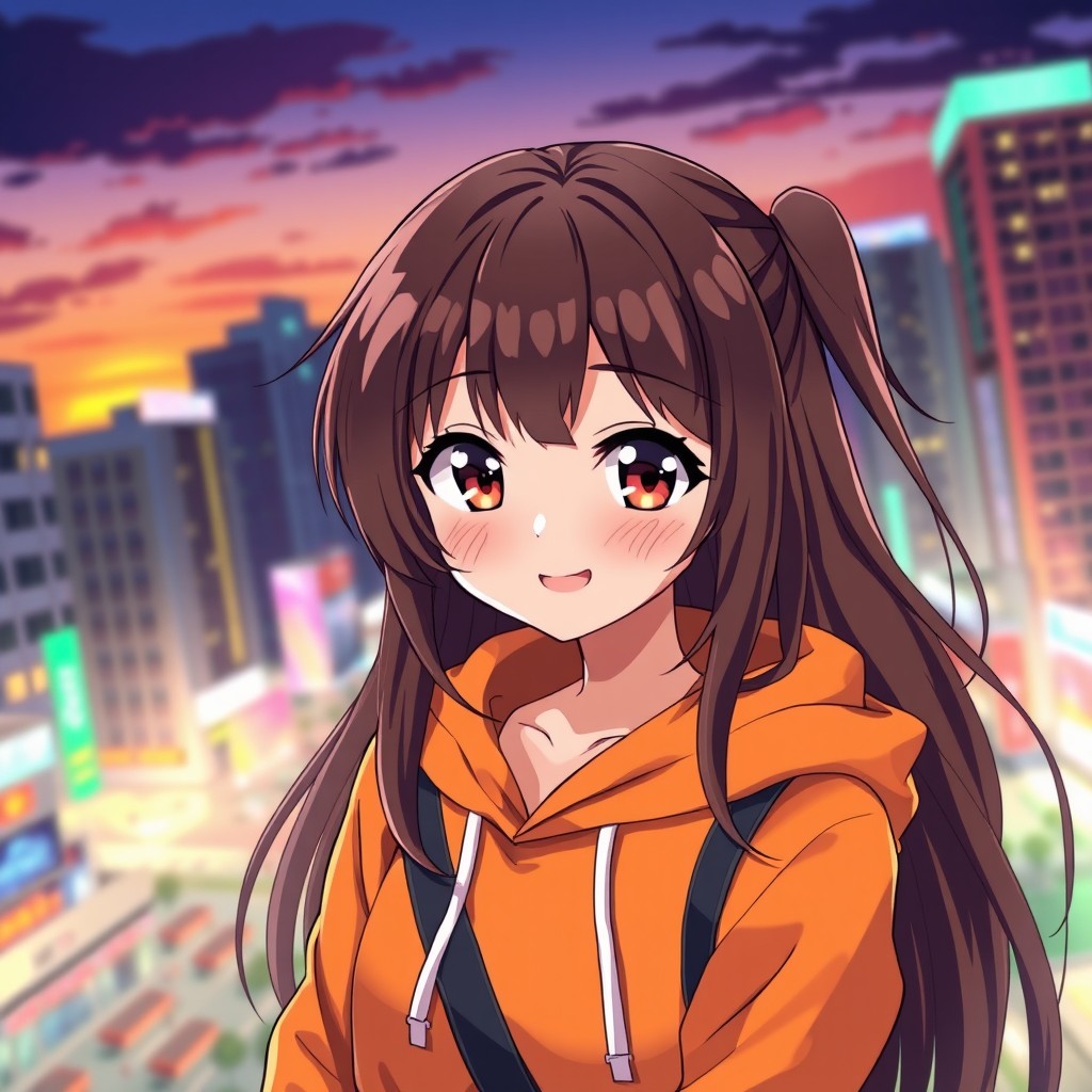A stylish anime girl wearing an orange hoodie, characterized by a joyful expression and bright, expressive eyes
