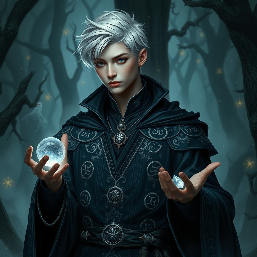 A young male necromancer wizard of the human race with noble origins, exhibiting an aura of mystery and power
