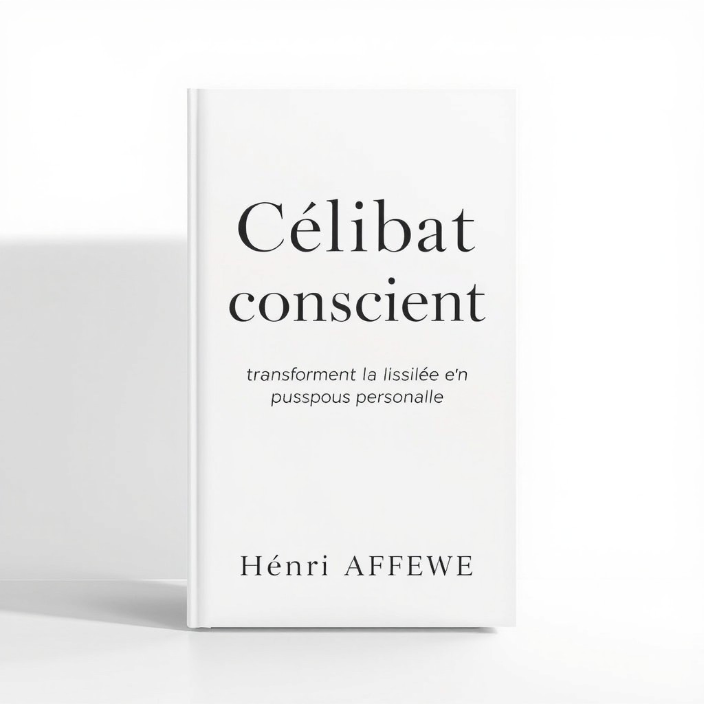 A minimalist and elegant book cover design with the main title "Célibat conscient : transformer la solitude en puissance personnelle" in a sleek, modern, and highly readable font