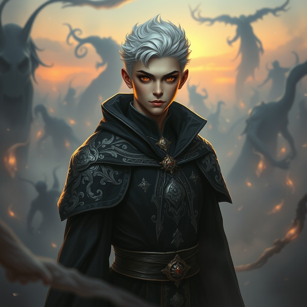 A young male necromancer wizard of the human race with noble origins, characterized by his striking short white hair