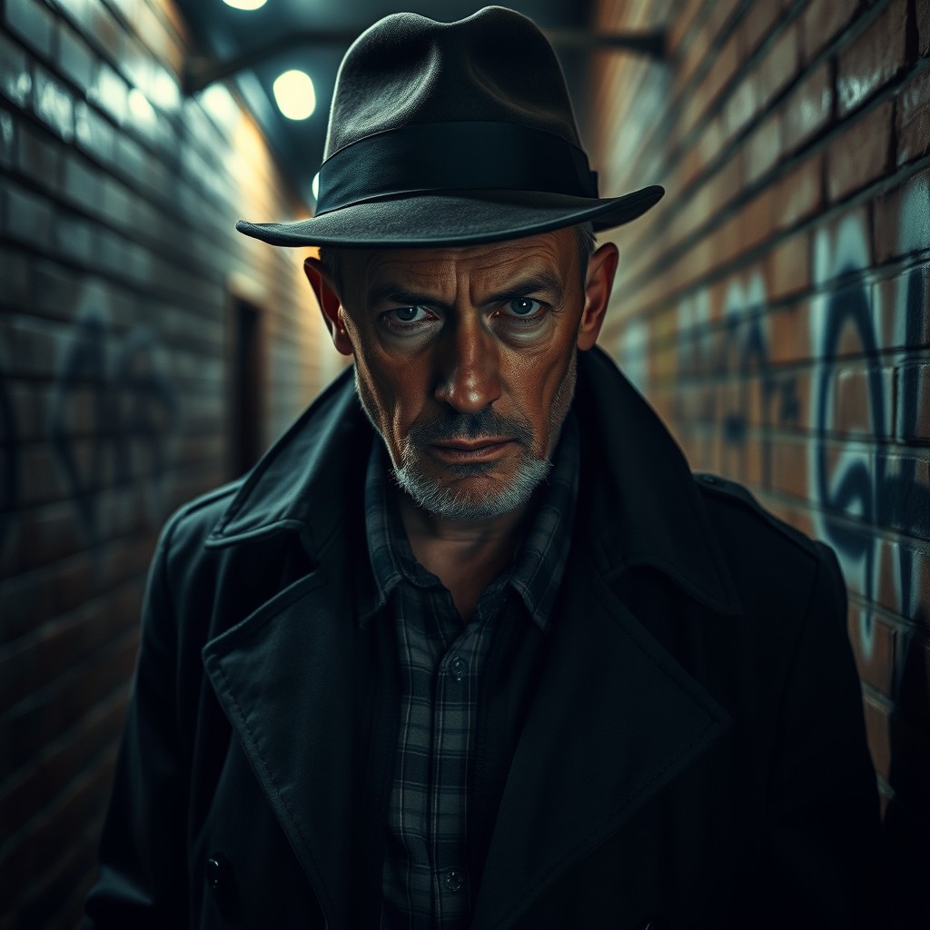 A mysterious man with a weathered face, dressed in a dark trench coat and a fedora hat, standing in a dimly lit alley